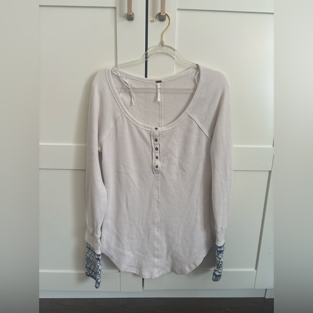 Free People Cream Long Sleeve Henley with Patterned Cuffs Large